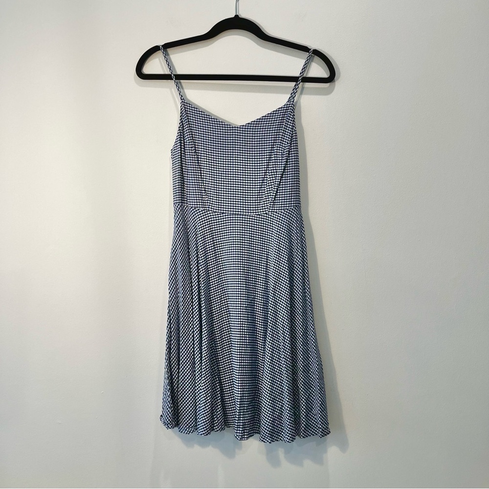 Old Navy Fit Flare Cami Blue White Gingham Smocked Summer Swing Mini Dress Small - Picture 4 of 9